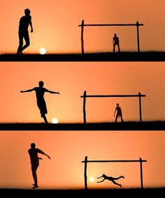 the silhouettes of people playing volleyball against an orange sky at sunset, with one person jumping in the air