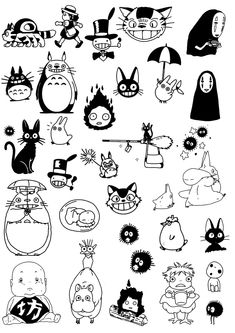 a bunch of cartoon characters that are drawn in black and white