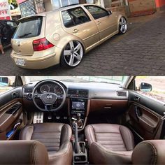 before and after shots of a gold car with brown leather seats, the interior is clean