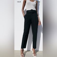 Zara Pants With Fabric-Covered Belt Basic And Beautiful Chic Belted Straight Leg Bottoms, Chic High Waist Work Pants, Trendy Pants With Belt Loops For Going Out, Chic Belted Straight Leg Dress Pants, Chic Straight Pants With Belt, Spring Going-out Bottoms With Belt Loops, Spring Bottoms For Going Out, Chic Work Pants With Belt Loops, Chic Tapered Leg Work Pants With Belt Loops