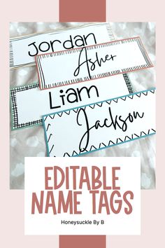 three editable name tags with the text jordan and other names in black on them