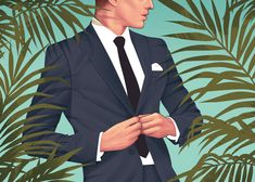 a man in a suit and tie standing next to some palm trees with his hands on his chest