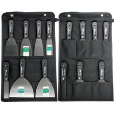 two sets of spatulas in a black case with green labels on the side