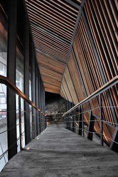 the walkway is lined with wooden slats