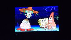 an animated image of spongebob and patrick in the dark with other cartoon characters