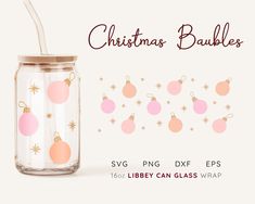 christmas baubles svg file with pink and gold ornaments in a mason jar