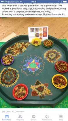 a table topped with lots of different colored bowls filled with food on top of it