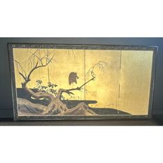 Painting, four-panel folding screen. Birds and flowers of late winter, early spring: lone white egret on willow tree branch in snow; camellia blooms and buds gold background  Colours and gold on paper Brocade border Wood frame with brass metal hardware  Attributed to the Manner of: Watanabe Shiko 渡辺始興 of the Rinpa School  Dimensions:  Height: 27 inch. Width: 53 inch  comments The early Kano school took as its model the great Chinese landscape painters of the Song. Increasingly, however, the highly modulated ink outlines of this tradition were combined with gold leaf and the spectacularly decorative colouring of the native Yamato-e school, with its seasonal motifs. The contrived compositions here of the willow tree bending towards the centre is influenced by famous examples painted in Kyoto Japanese Banner, Cherry Blossom Wall Art, Cherry Blossom Painting, Wooden Home Decor, Peacock Wall Art, Japanese Castle, Horizontal Wall Art, Asian Home Decor, American Black Walnut