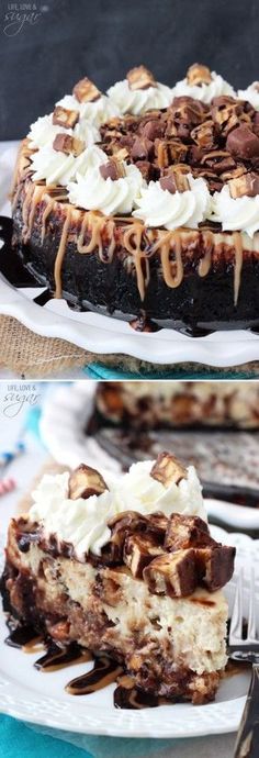 two different views of a cake with chocolate and marshmallow toppings on it