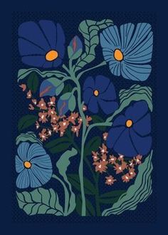 blue flowers with green leaves on a dark background