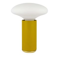 a yellow table lamp with a white light on it's side and a gold base