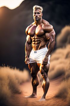 a man standing in the middle of a dirt road with his muscles ripped and showing off