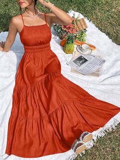 Women's Summer Solid Color Empire Waist Ruffle Hem Maxi Dress With Halter Neckline Coral Orange Boho  Sleeveless Fabric Plain Cami Non-Stretch Spring/Summer Women Clothing, size features are:Bust: ,Length: ,Sleeve Length: Yellow Maxi Dresses, Women Beach Outfits, Flowy Sundress, Tie Maxi Dress, Wrap Around Dress, Solid Color Dress, Ruffle Hem Dress, Coral Orange, Dress Cotton