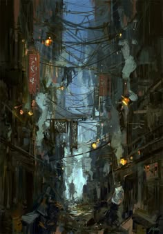 an artistic painting of a city street at night