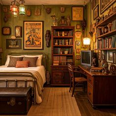 a bedroom with green walls and lots of pictures on the wall, including an old fashioned bed