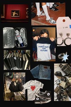 a collage of photos with various items including shoes, rings and t - shirts