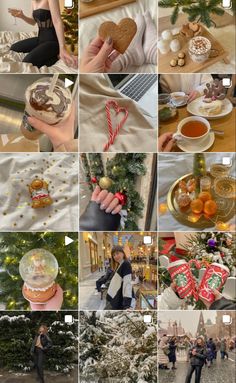 a collage of photos with people and christmas decorations on them, including cookies, coffee cups, candy canes, teapots