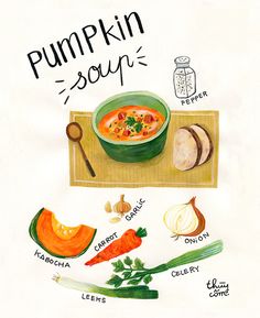 a drawing of pumpkin soup and its ingredients