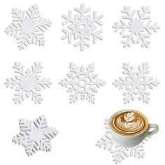 snowflakes and coffee cup on a white background