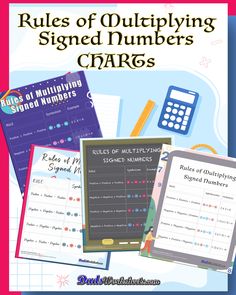 the rules of multiplying signed numbers cards are shown in three different colors and sizes