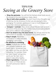 a grocery bag filled with fruits and vegetables on top of a white sheet that says tips for saving at the grocery store