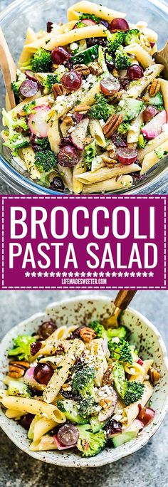 broccoli pasta salad in a glass bowl