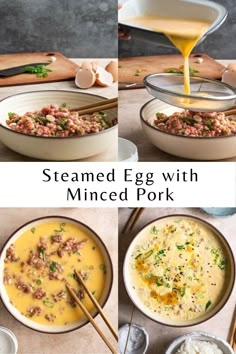 the steps to make steamed egg with minced pork in bowls and sauce being poured over them