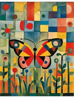 an abstract painting with butterflies and flowers in the foreground, surrounded by multicolored squares