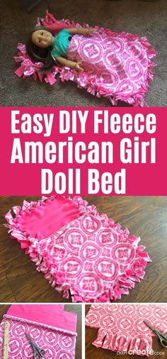 an american girl doll bed made out of pink and white fabric with the words easy diy fleece american girl doll bed