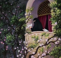 a painting of a person in a black veil looking out from a window with pink flowers