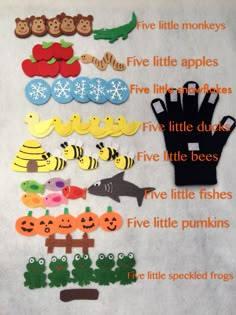 an image of some paper cut outs on a sheet of paper with words that say five little pumpkins, five little bees and five little monkeys