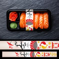 the sushi box is full of salmon, cucumber and avocado