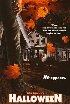 a movie poster for halloween with a man holding a knife in front of a house