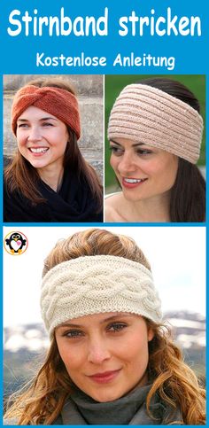 three pictures of two women wearing headbands and one has a smile on her face