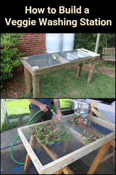 a table that has some plants in it and the words how to build a veggie washing station