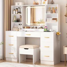 a white vanity with a mirror and stool next to it in a living room area