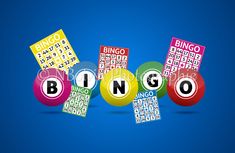 the word bingo surrounded by colorful balls and numbers on a blue background with space for text