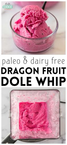 a bowl filled with dragon fruit dole whip next to the words pale and dairy free