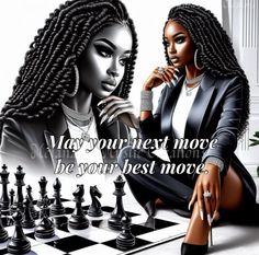 a woman sitting on top of a chess board next to a black and white queen