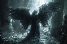 an angel standing in the middle of a dark forest with its wings spread wide open