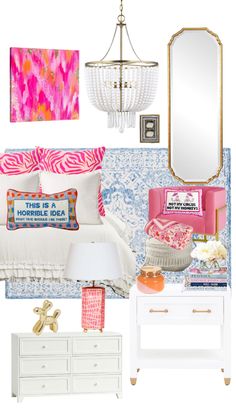 a bedroom with pink, blue and white decor