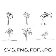 four palm trees with the words svg, png, pdf, jpg