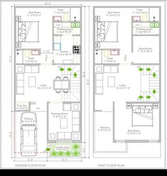 two story house plans with garage and living room in the middle, one bedroom on each floor