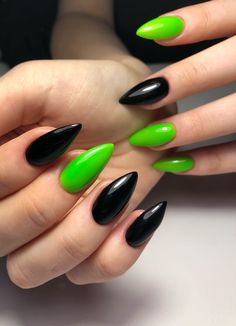 Witchy Nail Colors, Black And Green Goth Nails, Easy Gothic Nail Designs, Short Black Nails Ideas Halloween, Purple Black And Green Nails, Black Lime Green Nails, Lime And Black Nails, Black And Neon Green Halloween Nails, Joker Nail Ideas