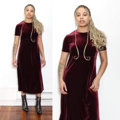 essential vintage 90s Talbots burgundy velvet stretch midi/maxi dress featuring short sleeves, crewneck, empire waist and an a-line skirt - unlined = = = DESCRIPTION = = = BRAND: Talbots LISTED SIZE: P MATERIAL: 90% polyester, 10% spandex COLORS: burgundy FLAWS: - CONDITION: very good vintage condition = = = MEASUREMENTS = = = (taken while garment is flat, please double) **item has some stretch** SHOULDERS: 14.5 inches BUST: 18 inches SLEEVE LENGTH: 7.5 inches WAIST: 17 inches HIPS: 20 inches SH Vintage Burgundy Dress, Stretch Shoulders, Capsule Wardrobe Dresses, Minimalist Capsule Wardrobe, Burgundy Wine, Burgundy Dress, Midi Maxi Dress, Dress Clothes For Women, Empire Waist