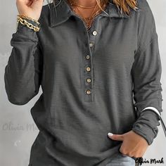 Olivia Mark - Womens Plus Size Casual Blouse: Solid Long Sleeve Polo Neck Henley Shirt with Slight Stretch Linen Top Pattern, Best Business Casual Outfits, Outfits For Cold Weather, Simple Dressing, Stylish Blouses, Cool Tops, Machine Quilting Patterns, Shirt Hacks, Drop Shoulder Top