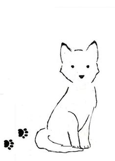 a black and white drawing of a dog with paw prints on the ground next to it