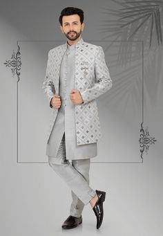 Embroidered Art Silk Sherwani in Light Grey : MYV991 Grey Sherwani For Men, Grey Sherwani, Kurta Set With Jacket, Mens Activewear Fashion, Grey Suit Men