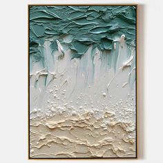 an abstract painting with white and green colors on the wall above it is a large piece of wood