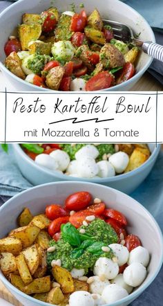 two bowls filled with different types of food and the words pesto kaffifel bowl